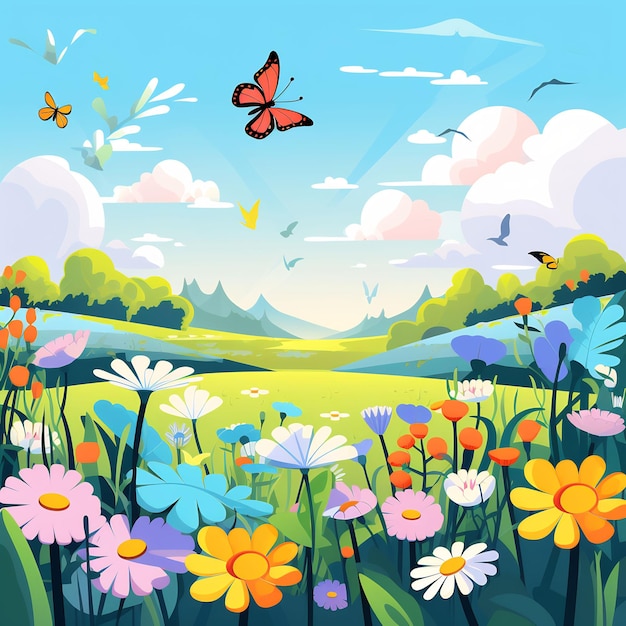 uma paisagem colorida com uma borboleta e flores