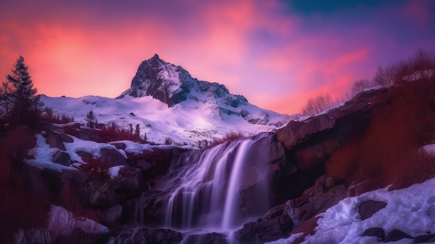 Uma paisagem colorida com uma cachoeira e um céu roxo