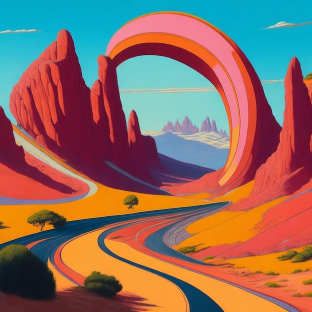 Uma paisagem colorida com uma estrada que tem um arco-íris no meio.