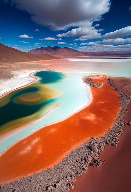 Uma paisagem colorida com uma praia de areia vermelha e montanhas ao fundo.