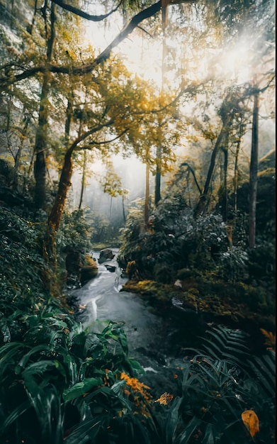 Uma paisagem colorida de uma floresta tropical durante um dia brilhante com raios de sol e espaço de cópia