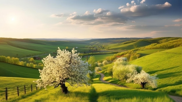 Uma paisagem com árvores e flores em primeiro plano