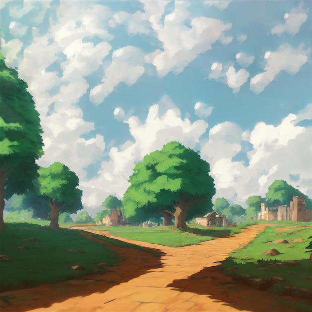 Uma paisagem com árvores e nuvens no estilo de fundo anime