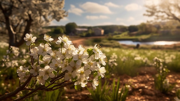 Uma paisagem com flores brancas em primeiro plano e um lago ao fundo.