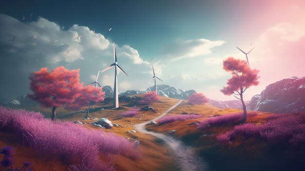 Uma paisagem com moinhos de vento no horizonte
