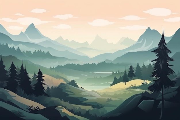 Uma paisagem com montanhas e árvores ao fundo.