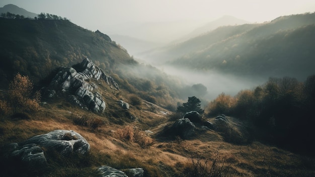 Uma paisagem com montanhas e neblina ao fundo