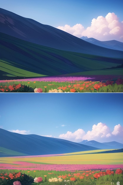 Uma paisagem com montanhas e um campo de flores.