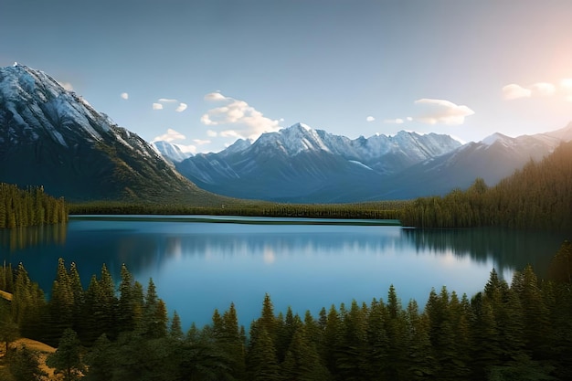 Uma paisagem com montanhas e um lago com um lago azul e um céu nublado