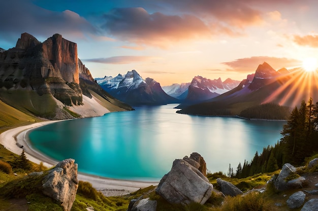 Uma paisagem com montanhas e um lago com uma montanha ao fundo