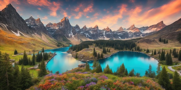 Uma paisagem com montanhas e um lago em primeiro plano