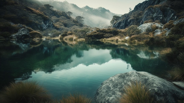 Uma paisagem com montanhas e um lago