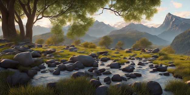 Uma paisagem com montanhas e um rio com árvores e uma montanha ao fundo.