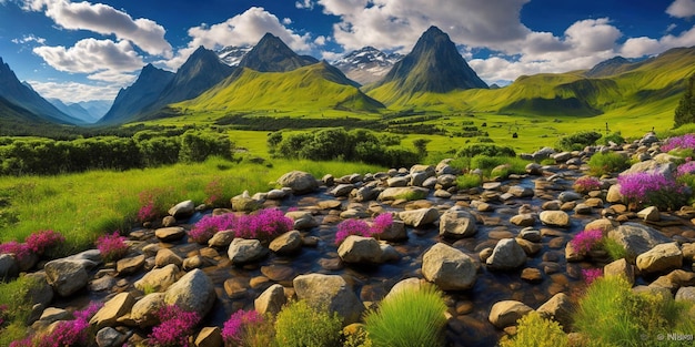 Uma paisagem com montanhas e um rio com uma montanha ao fundo