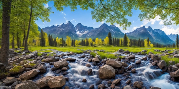 Uma paisagem com montanhas e um rio em primeiro plano.