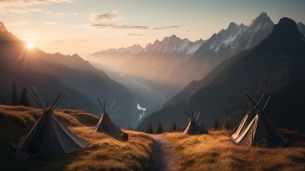 Uma paisagem com montanhas e uma tenda ao longe