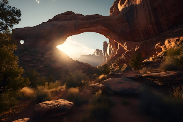 Uma paisagem com um arco natural no deserto