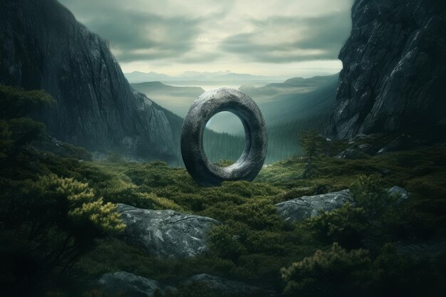 Uma paisagem com um grande círculo preto no meio das montanhas.