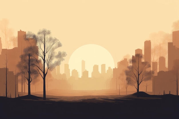 Uma paisagem com um horizonte da cidade atrás dela, consistindo em um parque e árvores em ilustração minimalista