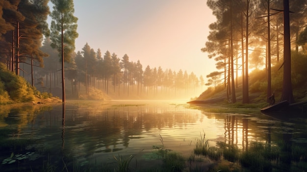 Uma paisagem com um lago e árvores em primeiro plano e o sol brilhando no horizonte.