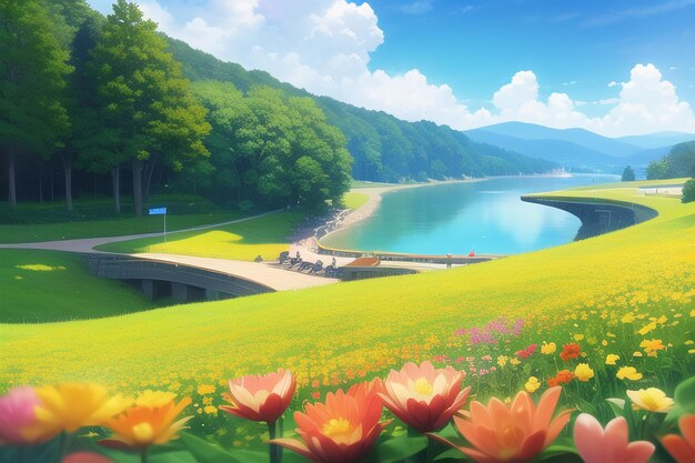 Uma paisagem com um lago e flores