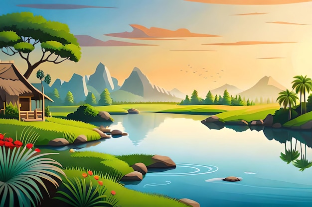 Uma paisagem com um lago e montanhas ao fundo.