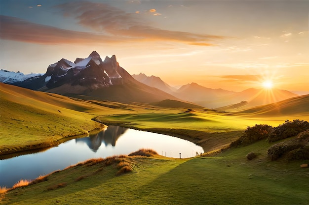 Uma paisagem com um lago e montanhas ao fundo