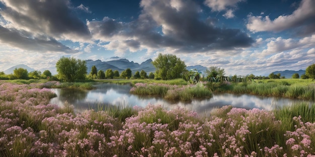 Uma paisagem com um lago e montanhas ao fundo