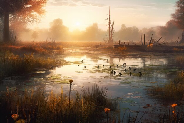 Uma paisagem com um lago e patos em primeiro plano e um pôr do sol ao fundo.
