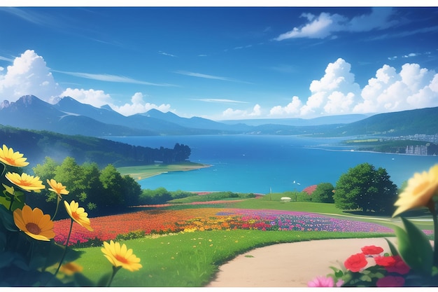 Uma paisagem com um lago e um campo de flores.