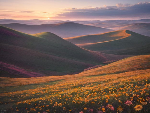 Uma paisagem com um pôr do sol ao fundo