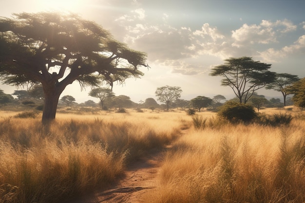 Uma paisagem com uma árvore à esquerda e uma estrada que tem a palavra serengeti à direita.