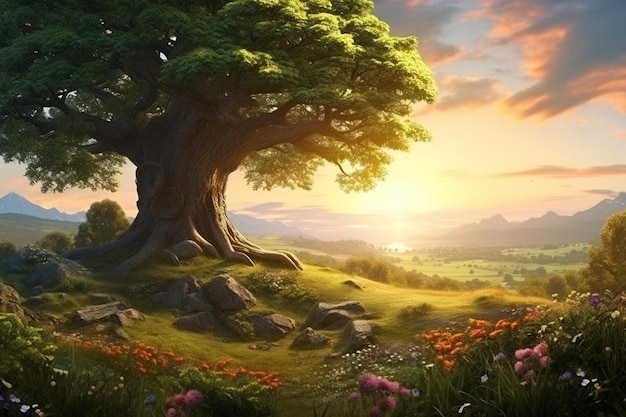 uma paisagem com uma árvore e flores em primeiro plano