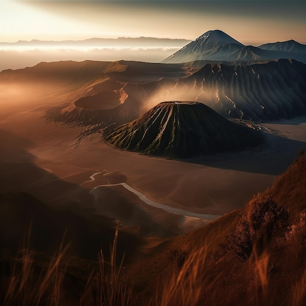 Uma paisagem com uma montanha ao fundo