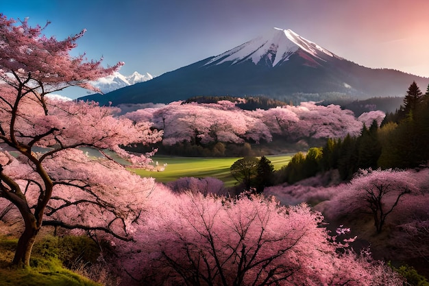 Uma paisagem com uma montanha e flores de cerejeira