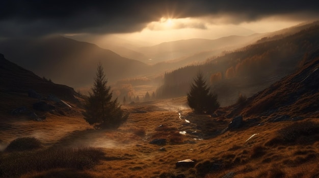 Uma paisagem com uma montanha e o sol brilhando por entre as nuvens