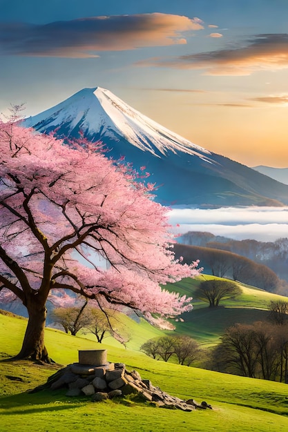 Uma paisagem com uma montanha e uma árvore com flores cor de rosa