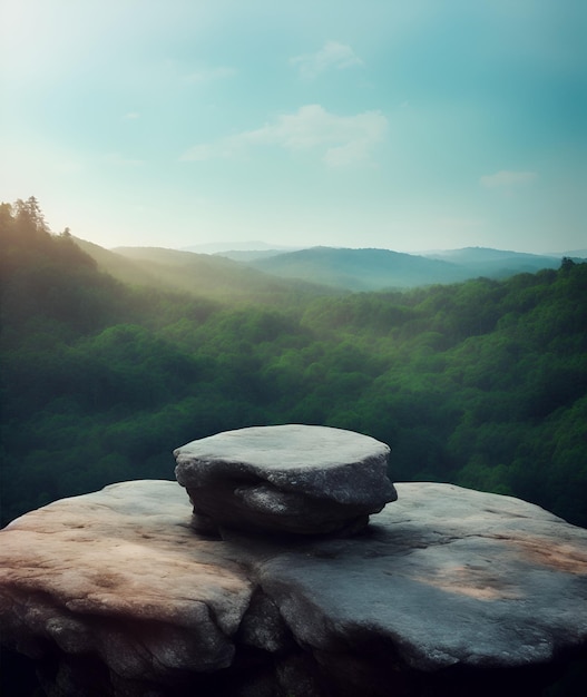 Uma paisagem com uma rocha que tem uma grande rocha nela.