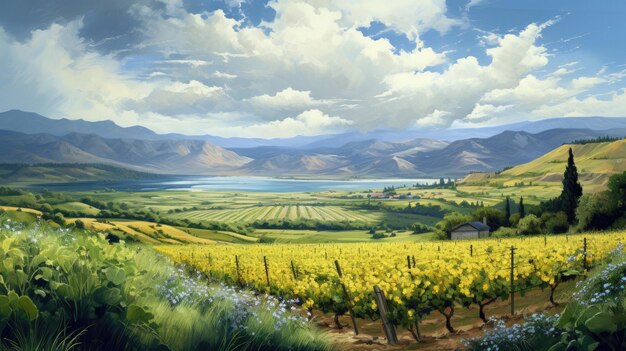 uma paisagem com uma vinha e um lago ao fundo.