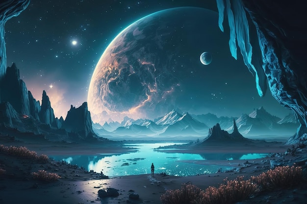 Uma paisagem cósmica uma visão dos planetas de uma curta distância a vida em um planeta desconhecidoGenerative AI