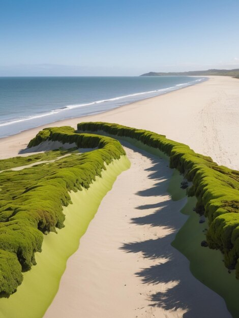 Uma paisagem costeira com algas verdes formando uma fronteira ao longo da costa arenosa