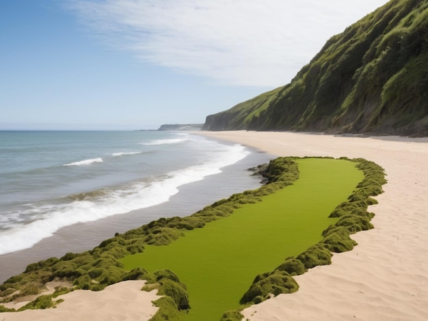 Uma paisagem costeira com algas verdes formando uma fronteira ao longo da costa arenosa