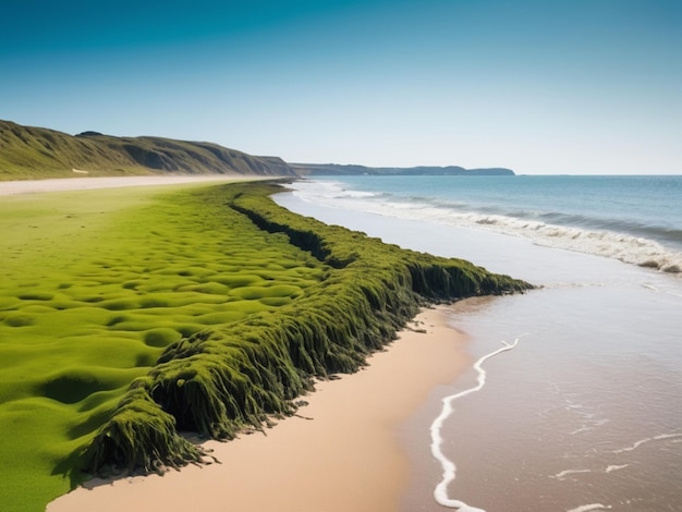 Uma paisagem costeira com algas verdes formando uma fronteira ao longo da costa arenosa