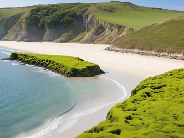 Uma paisagem costeira com algas verdes formando uma fronteira ao longo da costa arenosa