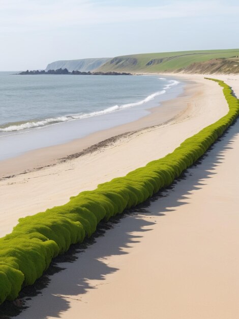 Uma paisagem costeira com algas verdes formando uma fronteira ao longo da costa arenosa