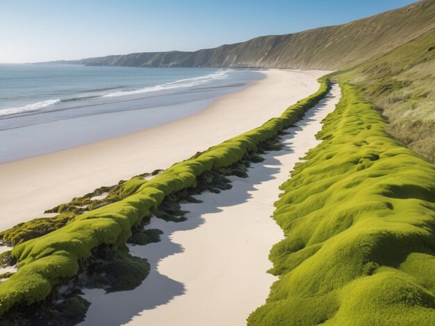 Uma paisagem costeira com algas verdes formando uma fronteira ao longo da costa arenosa