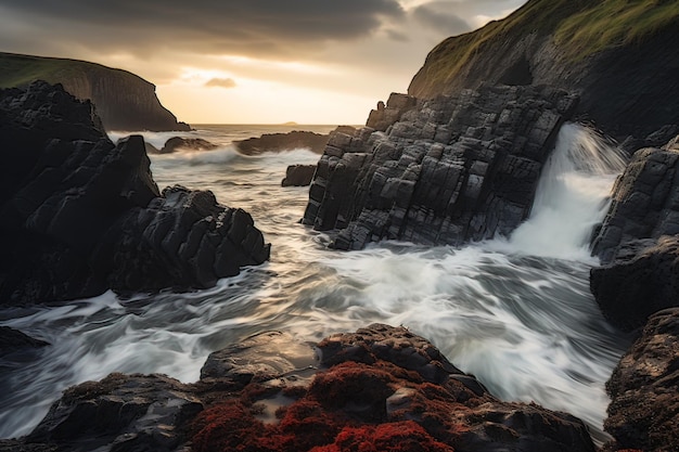 Foto uma paisagem costeira impressionante na beira do amanhecer