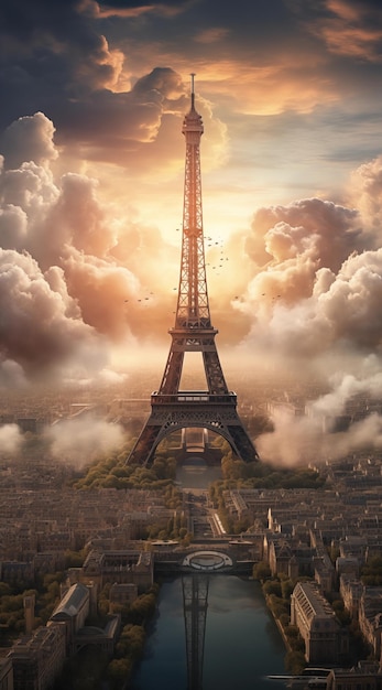 Foto uma paisagem da cidade de paris com a torre eiffel e o rio