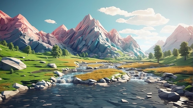 Uma paisagem de baixa montanha com um rio atravessando-a
