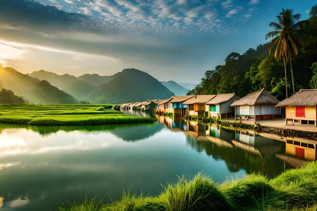 Uma paisagem de casas à beira do lago